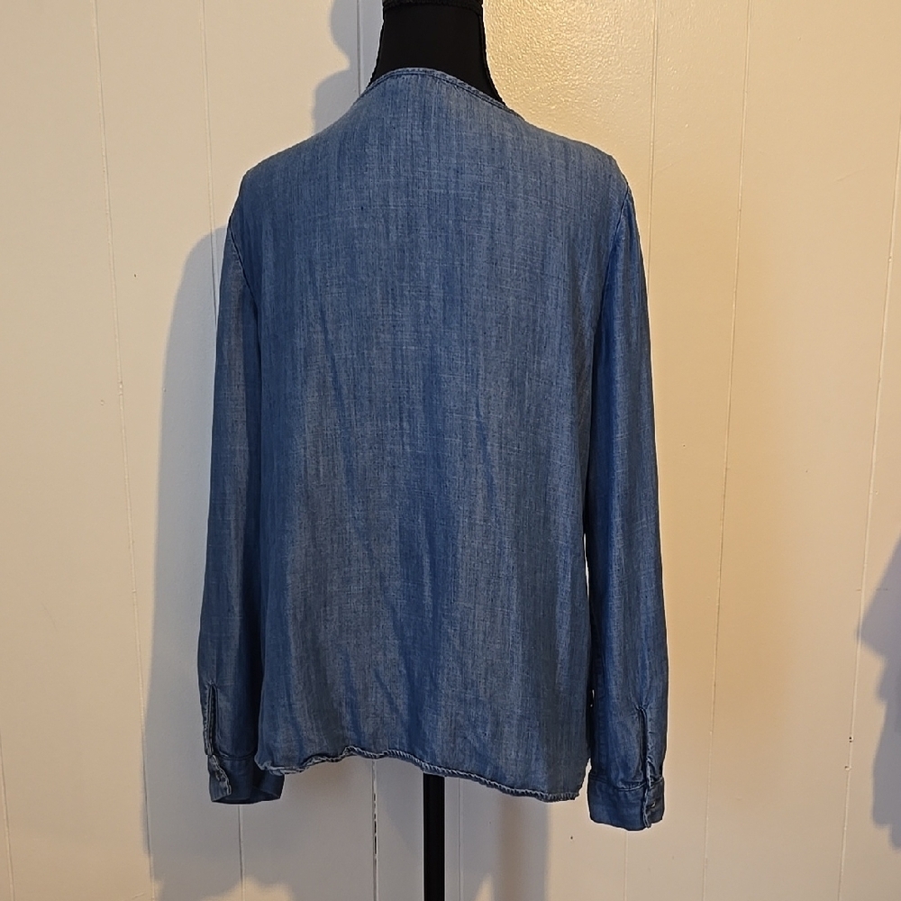 Talbots Blue Smocked Blouse with Tie Front and Scoop Neckline Long Sleeve M - Picture 3 of 3